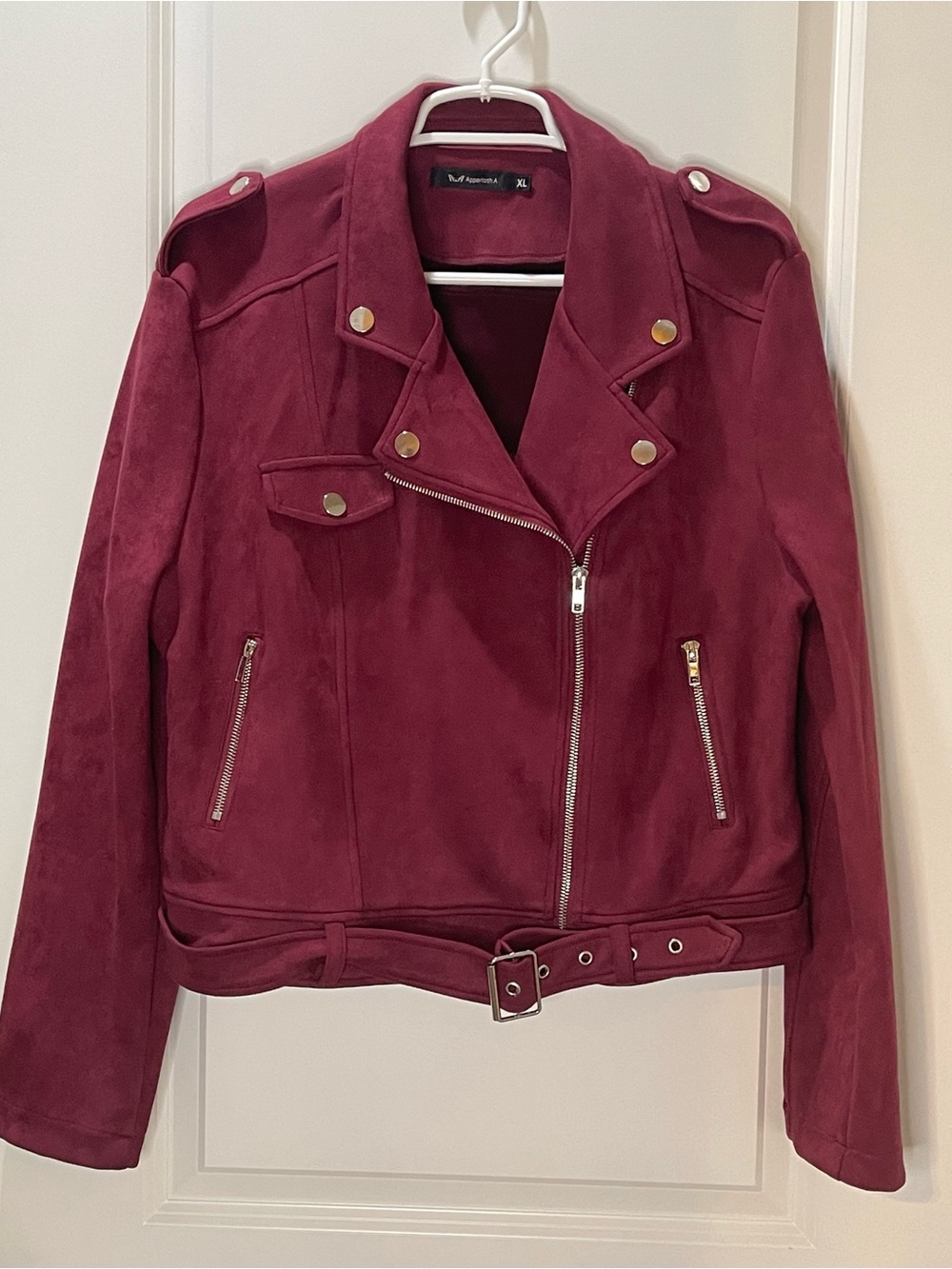 Women’s Burgundy Suede-Look Bomber Moto Jacket Stretch XL